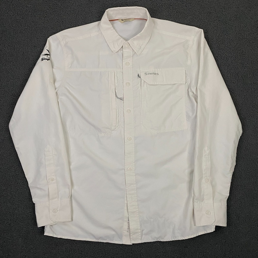 Simms Shirt Men Medium Roll Tab Vented Fishing Hike UPF Sun Protection White